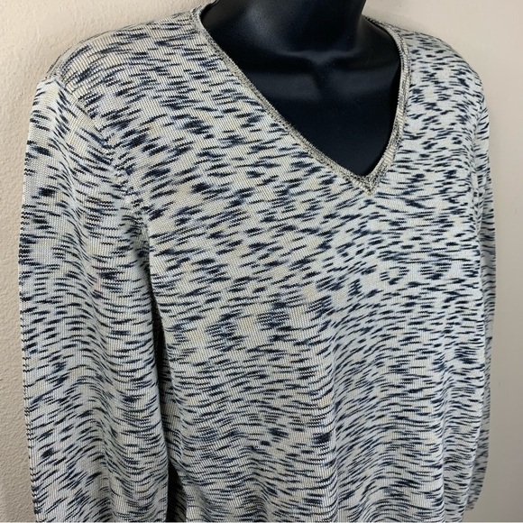 Liz Claiborne Beige Black V Neck Knit Sweater Long Sleeve Stretch Medium - Picture 2 of 9